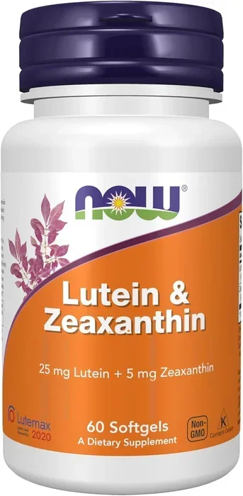 NOW Lutein and Zeaxanthin bottle, 60-softgel size, labeled 25 mg lutein and 5 mg zeaxanthin per softgel